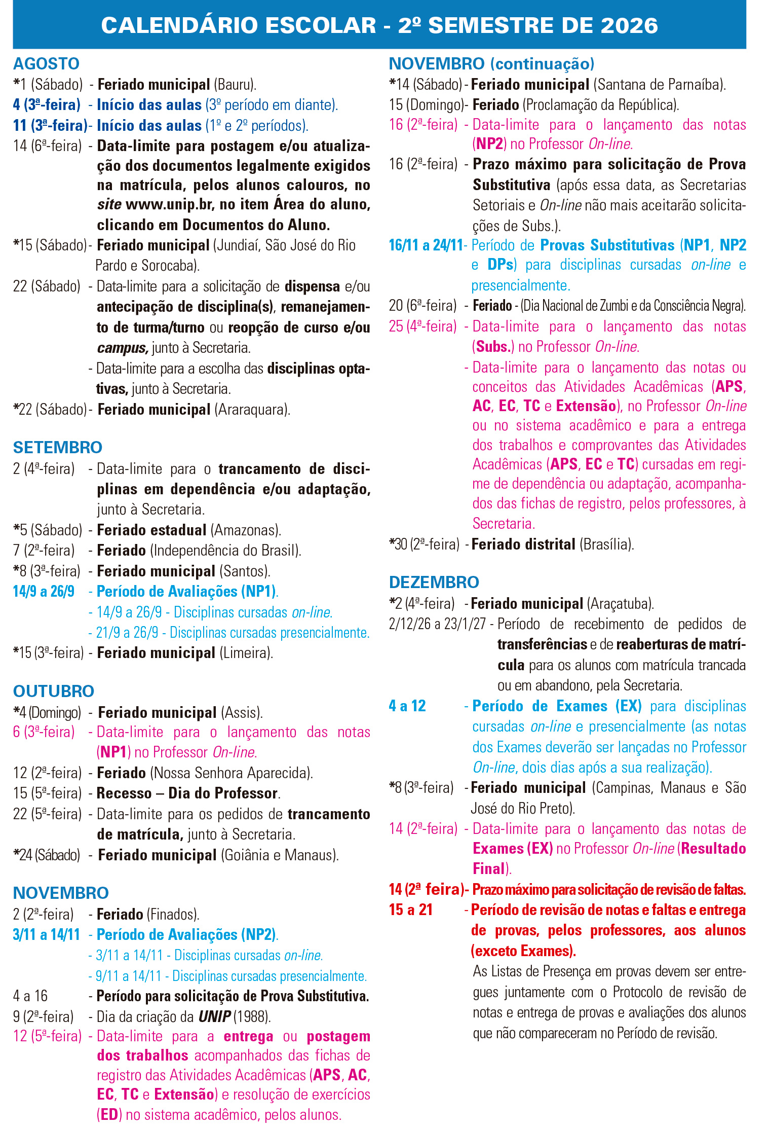 Calend&aacute;rio 2026/2 - De agosto de 2026 a dezembro de 2026